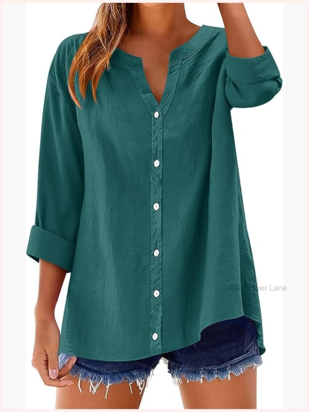 Women's Long Sleeve Button Down Shirt V Neck Cotton Linen Blouse